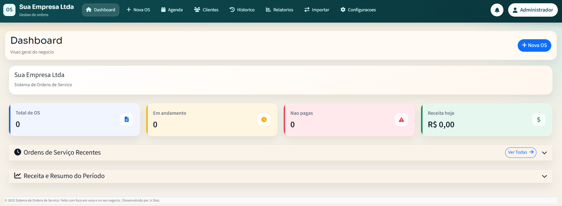 Dashboard do Sistema OS — visão geral com faturamento, OS ativas e pendências